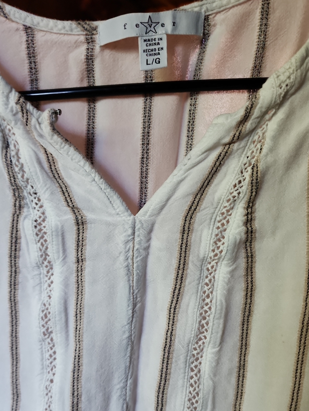 Fever Cream Top with Brown Stripes and Lace Trim